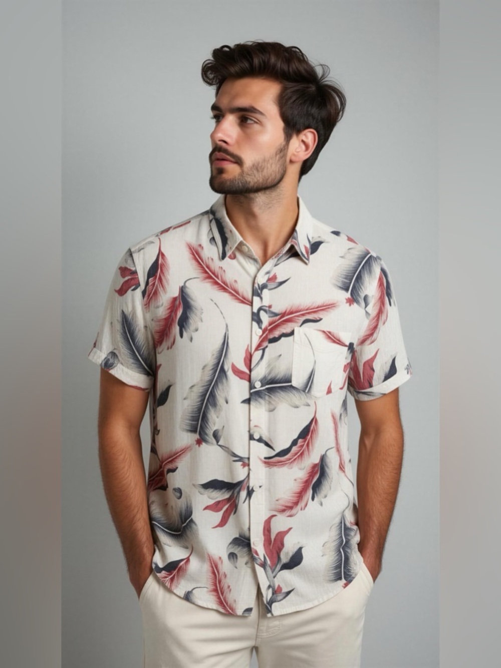 Rails Carson Men's Tropical Short-Sleeve Feather Print Button-Up Shirt Size L